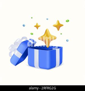 boîte-cadeau ouverte 3d avec effet brillant d'étoile dorée, isolé sur fond blanc. Concept de bannière de joyeux anniversaire, icône de cadeau de célébration, anniversaire, illustration vectorielle de cadeau d'affaires. Illustration vectorielle Illustration de Vecteur