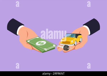 Dessin à plat de caractère d'achat ou de location de voiture logo, icône, symbole. Voiture et argent tenant en main. Main du vendeur de voitures et client détenant c Banque D'Images