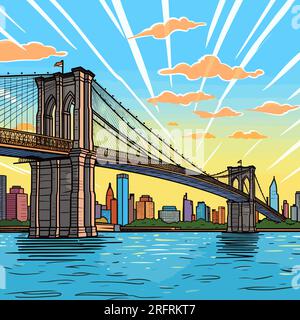 Brooklyn Bridge illustration dessinée à la main. Pont de Brooklyn. Illustration de dessin animé de style doodle vectoriel Illustration de Vecteur