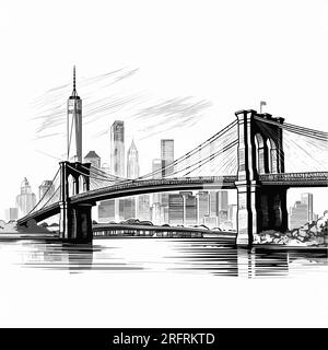 Brooklyn Bridge illustration dessinée à la main. Pont de Brooklyn. Illustration de dessin animé de style doodle vectoriel Illustration de Vecteur