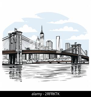 Brooklyn Bridge illustration dessinée à la main. Pont de Brooklyn. Illustration de dessin animé de style doodle vectoriel Illustration de Vecteur