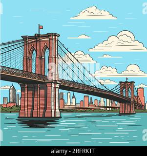 Brooklyn Bridge illustration dessinée à la main. Pont de Brooklyn. Illustration de dessin animé de style doodle vectoriel Illustration de Vecteur