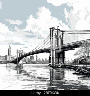 Brooklyn Bridge illustration dessinée à la main. Pont de Brooklyn. Illustration de dessin animé de style doodle vectoriel Illustration de Vecteur