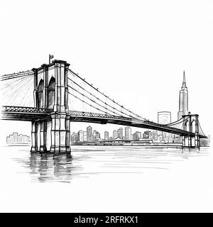 Brooklyn Bridge illustration dessinée à la main. Pont de Brooklyn. Illustration de dessin animé de style doodle vectoriel Illustration de Vecteur