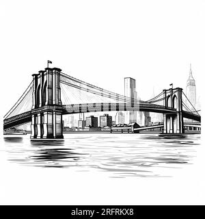 Brooklyn Bridge illustration dessinée à la main. Pont de Brooklyn. Illustration de dessin animé de style doodle vectoriel Illustration de Vecteur