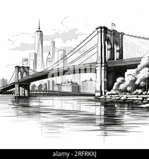 Brooklyn Bridge illustration dessinée à la main. Pont de Brooklyn. Illustration de dessin animé de style doodle vectoriel Illustration de Vecteur