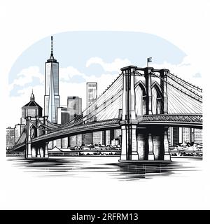 Brooklyn Bridge illustration dessinée à la main. Pont de Brooklyn. Illustration de dessin animé de style doodle vectoriel Illustration de Vecteur