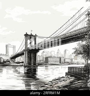 Brooklyn Bridge illustration dessinée à la main. Pont de Brooklyn. Illustration de dessin animé de style doodle vectoriel Illustration de Vecteur