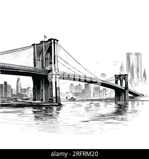 Brooklyn Bridge illustration dessinée à la main. Pont de Brooklyn. Illustration de dessin animé de style doodle vectoriel Illustration de Vecteur