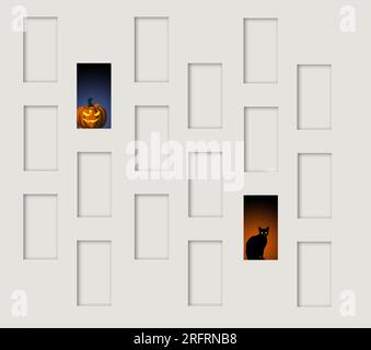 Un jack-o-lanterne et un chat noir sont vus sur les rebords de fenêtre de nombreuses fenêtres vides autour d'eux dans une illustration minimaliste en 3D. Banque D'Images