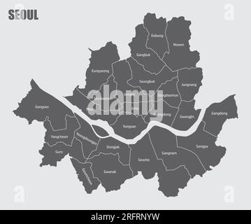 Carte administrative de Séoul isolée sur fond gris, Corée du Sud Illustration de Vecteur