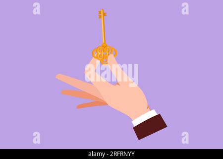 Dessin plat graphique main tenant la clé vintage. Conception des éléments clés à retenir. Main avec une vieille clé. Icône de déverrouillage de style rétro. Gravure classique St Banque D'Images