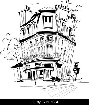 Dessin manuel vectoriel. Maison parisain typique avec café et lanternes, Paris, France. Illustration de Vecteur