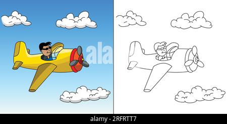 Page de coloriage mignon et drôle d'un avion volant à travers le ciel. Des heures de plaisir pour les petits enfants. Très facile à colorier. Page de coloriage simple pour les enfants. Illustration de Vecteur