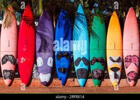 Clôture de planche de surf colorée sur l'île de Maui Banque D'Images