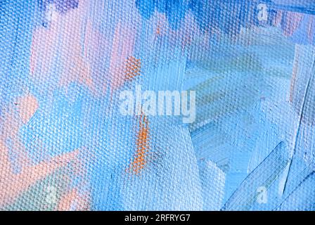 Peinture acrylique abstraite colorée sur toile avec des coups de pinceau texturés, des tons pastel et une surface artistique. Banque D'Images