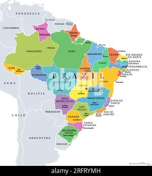 États du Brésil, carte politique. Unités fédératives colorées, avec bordures et capitales. Entités infranationales formant la République fédérative du Brésil. Banque D'Images