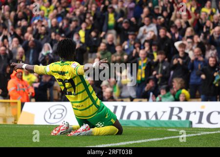 Carrow Road, Norwich, Norfolk, Royaume-Uni. 5 août 2023. Championnat de football EFL, Norwich City contre Hull City ; Jonathan Rowe de Norwich City célèbre après avoir marqué 1-1 crédit : action plus Sports/Alamy Live News Banque D'Images