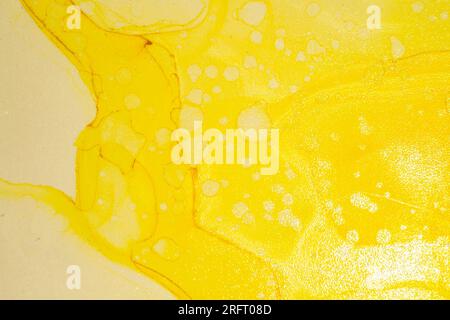 Texture d'encre d'alcool jaune vif avec des formes fluides organiques, des bulles et une surface artistique abstraite brillante. Banque D'Images
