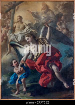 NAPLES, ITALIE - 19 AVRIL 2023 : la peinture de l'Ange gardien dans l'église Chiesa di San Lorenzo Maggiore par Francesco de Mura (1696 – 1782). Banque D'Images