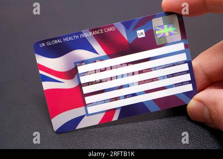 UK Global Health Insurance Card GHIC. La carte d'assurance qui vous permet d'obtenir des soins de santé publics en Europe à un coût réduit ou gratuitement. Stafford, United Banque D'Images