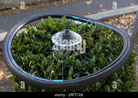 Un pneu de vélo endommagé est abandonné le long de SW Alaska Street dans le quartier Alaska Junction de Seattle. Banque D'Images