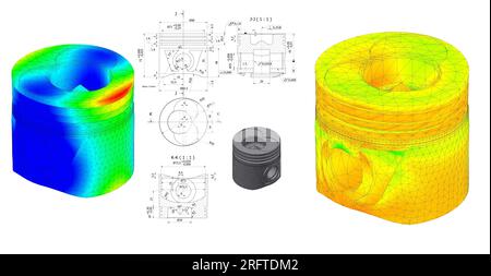 Méthode des éléments finis, FEM, analyse et ingénierie dessin technique graphiques d'un piston d'un moteur à combustion dans une voiture Banque D'Images