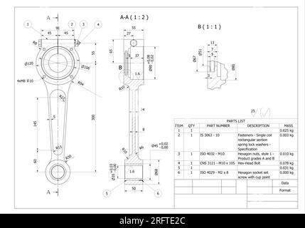 Ingénierie dessin technique graphiques d'une manivelle de bielle du moteur à combustion dans une voiture Banque D'Images