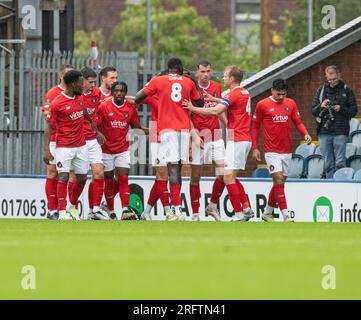 Rochdale, Greater Manchester, Angleterre, 5 août 2023. Ebbsfleet United célèbre le but de Luke O'Neill lors de Rochdale AFC V Ebbsfleet United dans la Ligue nationale de Vanarama à la Crown Oil Arena. (Image de crédit : ©Cody Froggatt/Alamy Live News) Banque D'Images