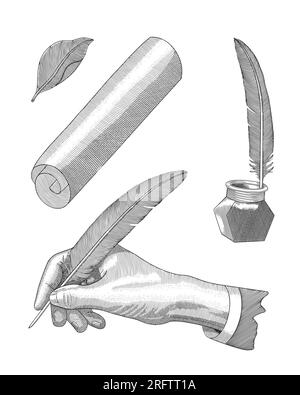 Écriture à la main avec une plume, encrier, rouleau de papier et feuille, illustration de dessin de style gravure Vintage Illustration de Vecteur