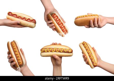 Collage avec des photos de personnes tenant des hot-dogs savoureux sur fond blanc, gros plan Banque D'Images