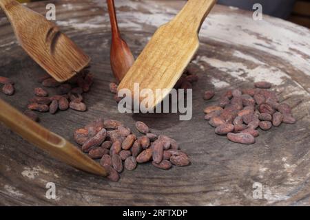 Fèves de cacao crues torréfiées sur une plaque chauffante traditionnelle en argile comale au Guatemala pour la fabrication du chocolat Banque D'Images