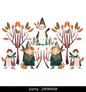 L'aquarelle compose avec des gnomes d'automne. Illustration isolée. Clipart. Illustration raster pour emballages, cartes de vœux, cartes postales et invitations. Banque D'Images