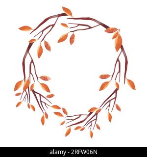 Cadre aquarelle avec arbre d'automne wuith feuilles orange. Clipart isolé. Illustration raster pour emballage, cartes de vœux, cadeaux Banque D'Images