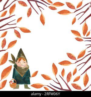 Cadre aquarelle avec arbre d'automne wuith feuilles orange. Clipart isolé. Illustration raster pour emballage, cartes de vœux, cadeaux Banque D'Images