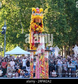 Madrid, Espagne. 5 août 2023. Les acteurs exécutent une danse du lion à la Plaza de Oriente (Plaza de l’est) à Madrid, en Espagne, le 5 août 2023. La troupe de danse du Lion Shenzhen Fuyong Huaide s'est produite dans les rues de Madrid du vendredi au dimanche à l'invitation du Festival de Madrid l'été dans la ville et du Centre culturel chinois de Madrid. Crédit : Meng Dingbo/Xinhua/Alamy Live News Banque D'Images