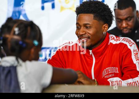 Wilmington, DE, États-Unis. 5 août 2023. ABRAHAM JUSTE, aussi connu sous le nom de DA'VINCHI a participé au 19e match annuel de basketball Duffy's Hope Celebrity samedi 05 août 2023, au Chase Fieldhouse, à Wilmington, SUPPR. Les recettes profitent à l'organisme à but non lucratif Duffy's Hope Youth Programming. (Image de crédit : © Saquan Stimpson/ZUMA Press Wire) USAGE ÉDITORIAL SEULEMENT! Non destiné à UN USAGE commercial ! Banque D'Images