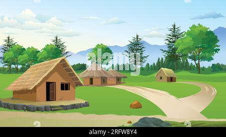 Zone de maison de village indien personnes vivant dans la zone de groupe. Maison de fermiers de champ vert de la zone rurale. Illustration de Vecteur