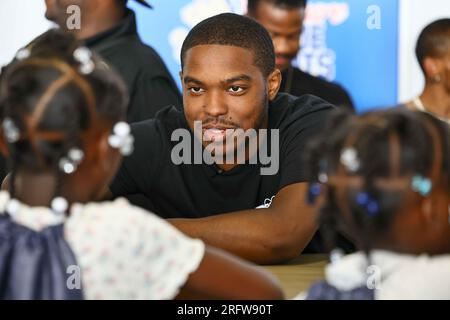 Wilmington, DE, États-Unis. 5 août 2023. Le comédien FUNNY BULL QUILL a participé au 19e match annuel de basket-ball Duffy's Hope Celebrity samedi 05 août 2023, au Chase Fieldhouse, à Wilmington, SUPPR. Les recettes profitent à l'organisme à but non lucratif Duffy's Hope Youth Programming. (Image de crédit : © Saquan Stimpson/ZUMA Press Wire) USAGE ÉDITORIAL SEULEMENT! Non destiné à UN USAGE commercial ! Banque D'Images