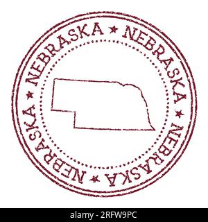 Tampon en caoutchouc rond du Nebraska avec carte de l'état américain. Timbre de passeport rouge vintage avec texte circulaire et étoiles, illustration vectorielle. Illustration de Vecteur