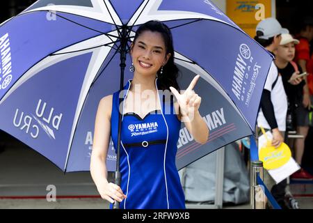 Suzuka, JAPON, 6 août 2023. Yamaha promo girl lors de la 44e course d'endurance Coca-Cola Suzuka 8hrs 2023, Suzuka, Japon. Crédit : Ivica Glavas/Speed Media/Alamy Live News Banque D'Images