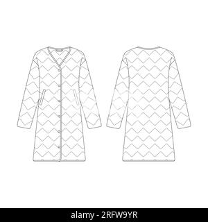 Modèle femmes col en V vers le bas manteau long illustration vecteur design plat contour collection vêtements d'extérieur Illustration de Vecteur