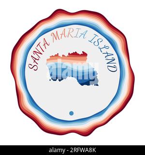 Badge de l'île Santa Maria. Carte de l'île avec de belles vagues géométriques et un cadre bleu rouge vif. Logo Santa Maria rond vif. Illustration de Vecteur