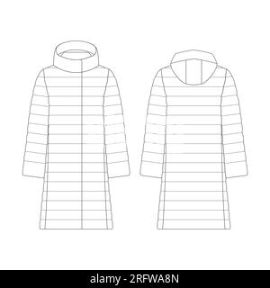 Modèle femmes duvet veste longue illustration vectorielle design plat contour vêtements collection vêtements d'extérieur Illustration de Vecteur