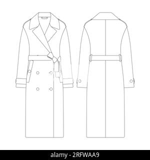 Modèle femmes à double boutonnage trench coat illustration vectorielle design plat contour vêtements collection vêtements d'extérieur Illustration de Vecteur