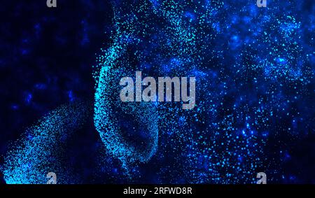 Étincelles bleues brûlantes se lèvent du feu, particules de feu sur fond de gradient bleu. Banque D'Images