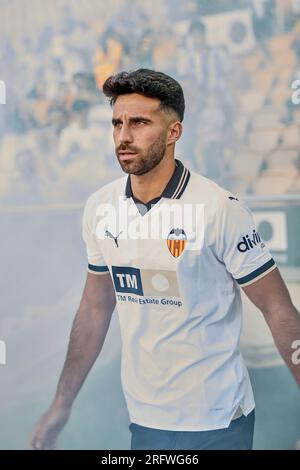 Valencia, Espagne. 05 août 2023. Andre Almeida de Valencia CF pendant la PRÉ-saison régulière de la Liga EA Sport entre Valencia CF et Aston Villa FC au stade Mestalla. Score final : Valencia CF 1:2 Aston Villa FC. Crédit : SOPA Images Limited/Alamy Live News Banque D'Images