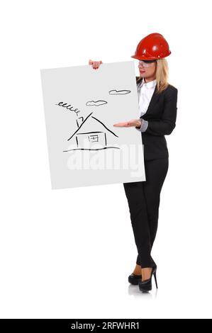 Femme ingénieur holding affiche avec encombrement house Banque D'Images