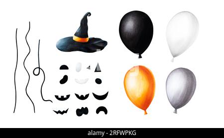 Jeu d'aquarelles. Vous pouvez créer vous-même des ballons avec des visages effrayants halloween sur une ficelle. Peinture à la main orange, noir, croquis de ballon blanc isolé sur Banque D'Images