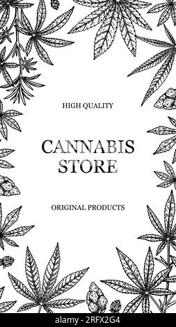 Conception verticale cannabis pour l'emballage, les publications sur les médias sociaux, la décoration de magasin, l'image de marque, les certificats. Illustration vectorielle de marijuana dans le style de croquis. H Illustration de Vecteur